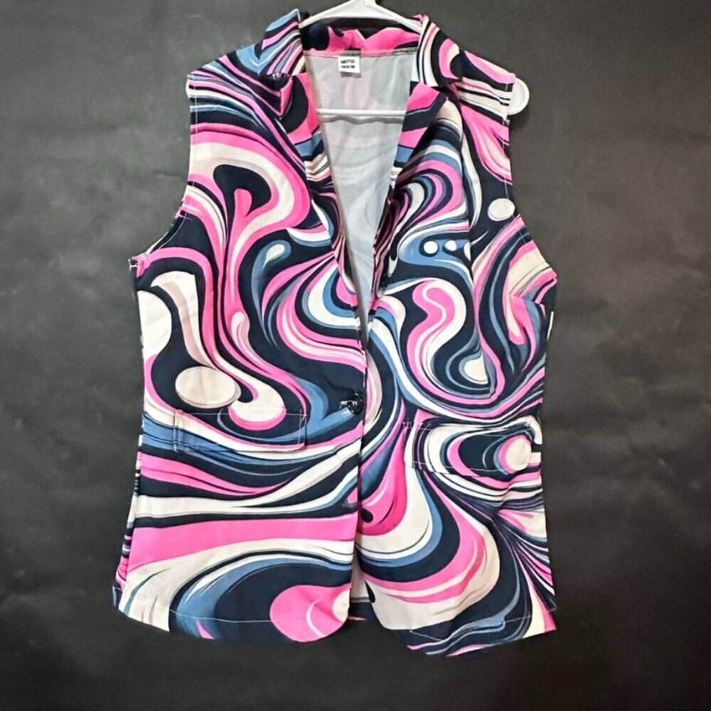 Pink Trippy Marble Vest Size 2XL Button Up Sleeveless Tank Shirt Office Casual - Picture 2 of 8